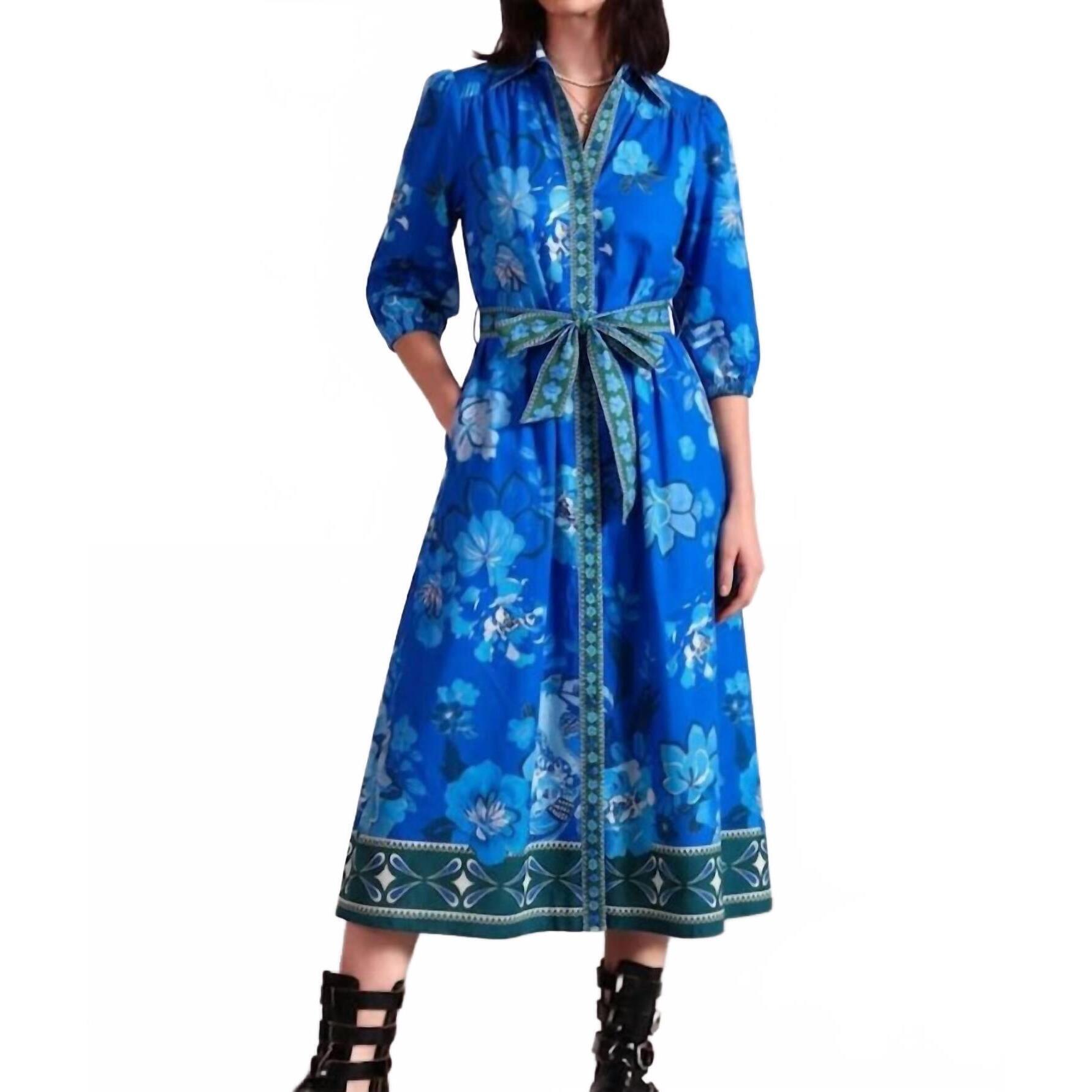 New Maude Vivante Remi Poplin Midi Dress In Sapphire Florals Print
